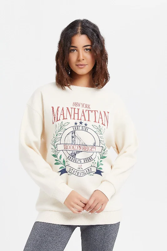 Women Cream Manhattan Print Sweatshirt