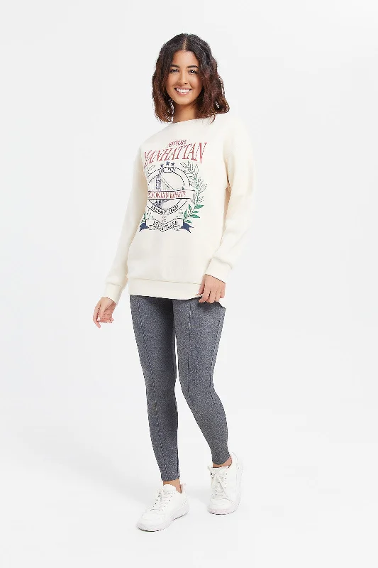 Women Cream Manhattan Print Sweatshirt