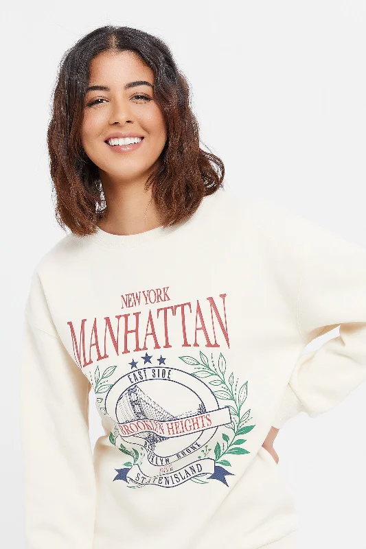 Women Cream Manhattan Print Sweatshirt