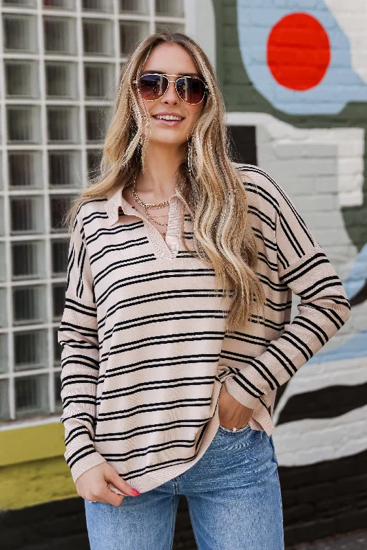 FINAL SALE - Cuddly Couture Taupe Striped Collared Knit Top