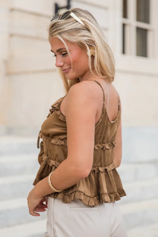 Downtown Meet Up Sand Satin Tie Front Ruffle Tank