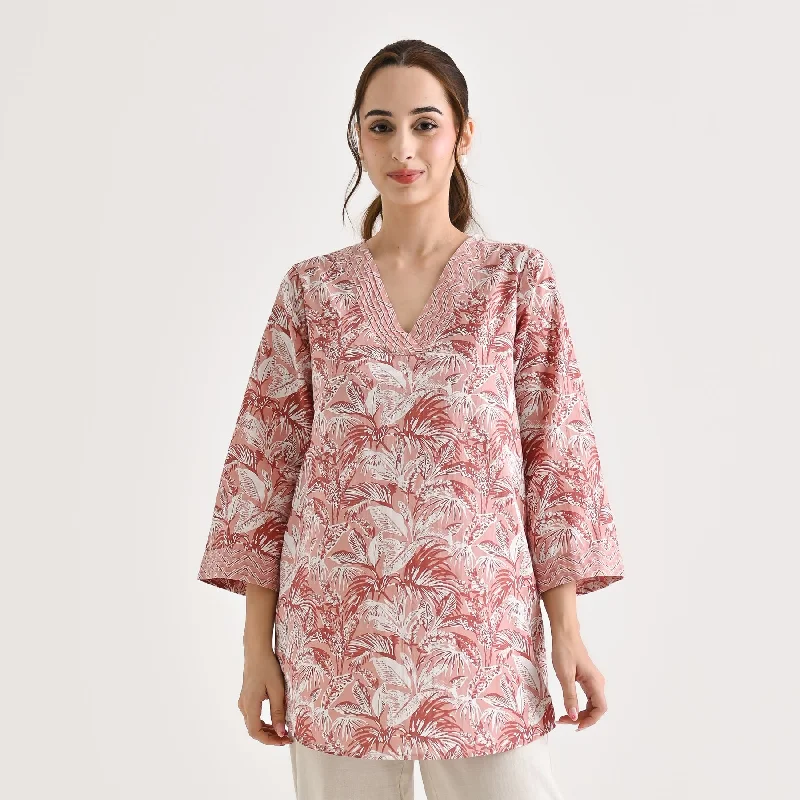 Dusty Peach Abstract Printed Sanganeri Cotton Tunic with Pintuck Neckline Detail