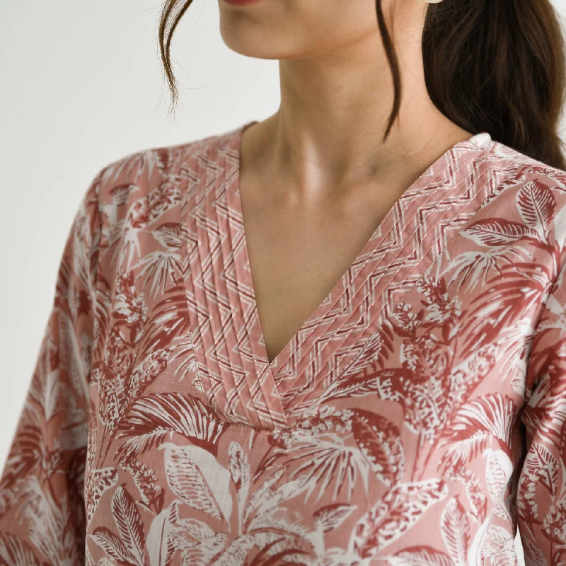 Dusty Peach Abstract Printed Sanganeri Cotton Tunic with Pintuck Neckline Detail