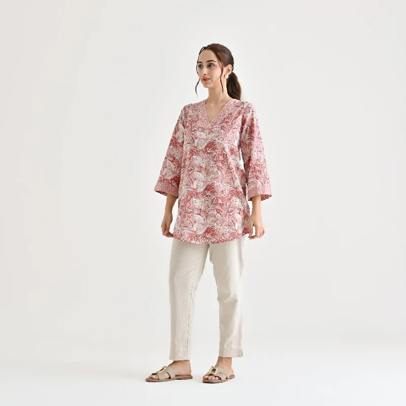 Dusty Peach Abstract Printed Sanganeri Cotton Tunic with Pintuck Neckline Detail