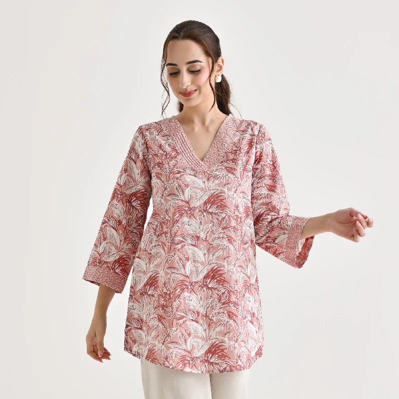 Dusty Peach Abstract Printed Sanganeri Cotton Tunic with Pintuck Neckline Detail