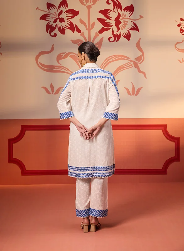 Ghazal Ivory Cotton Jacquard Embroidered Tunic Set for Women