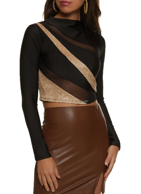 Glitter Mesh Insert Long Sleeve Crop Top