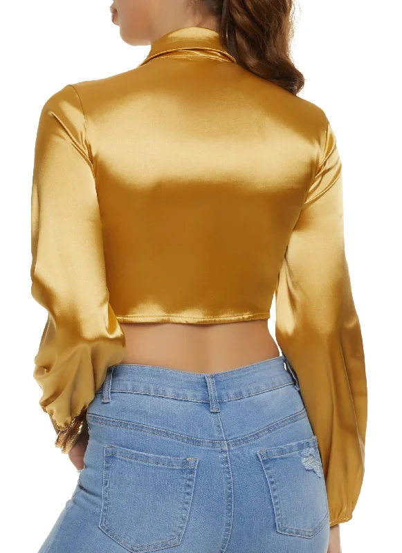 Satin Puff Sleeve Tie Front Crop Top