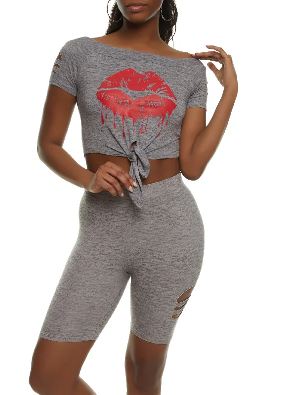 Lips Tie Front Laser Cut Graphic Tee