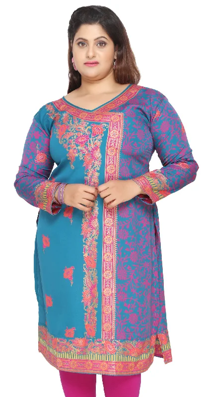 Indian Plus Size Tunics Kurti Long Top India Clothes (Blue)