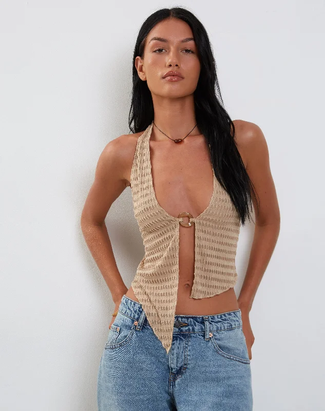 Kacie Waffle Knit Halterneck Butterfly Top in Oat