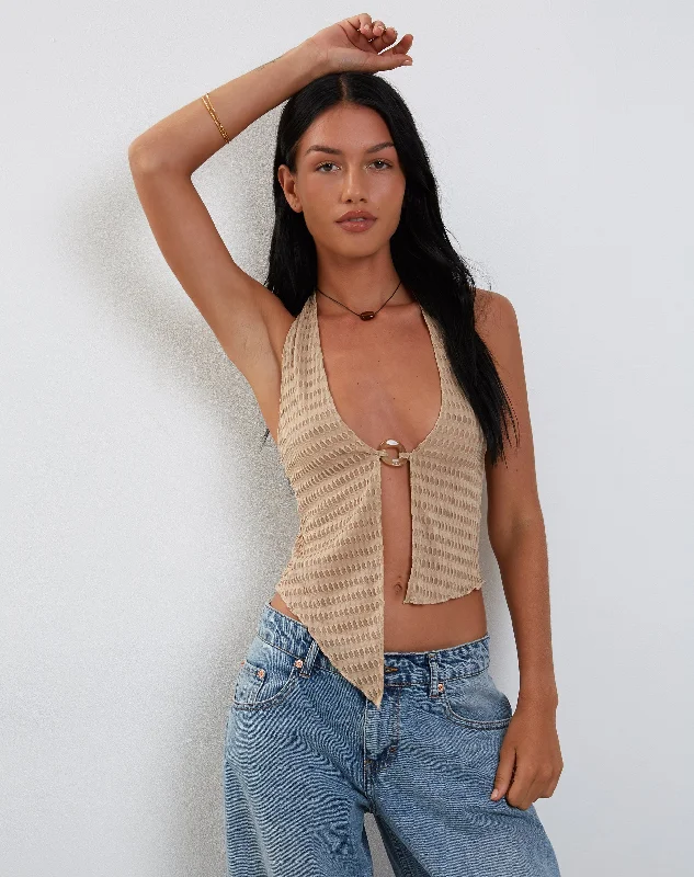 Kacie Waffle Knit Halterneck Butterfly Top in Oat