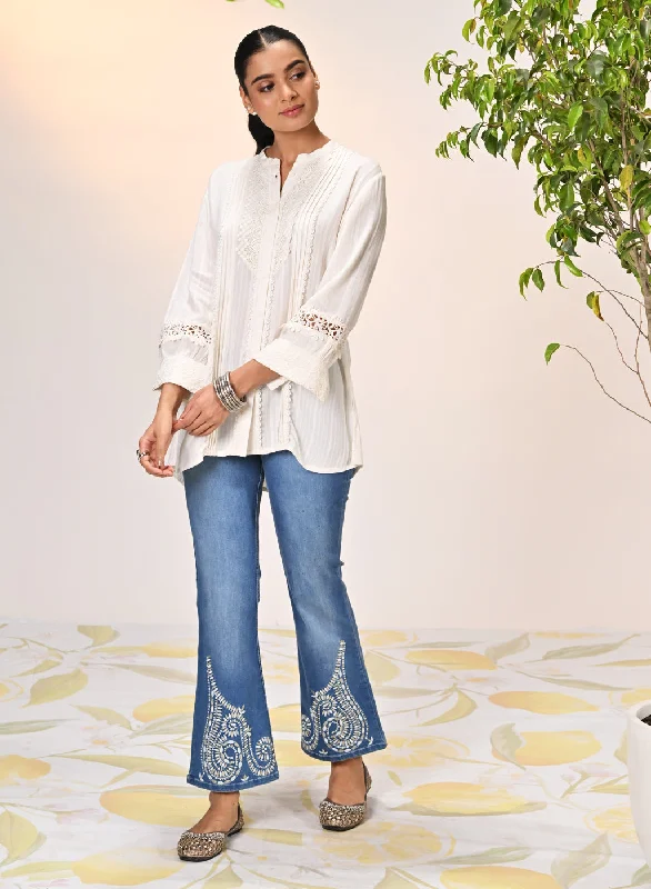 Kahkashan Ivory Embroidered Shirt for Women