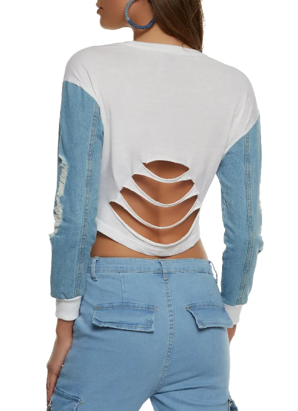 Denim Sleeve Laser Cut Back Crop Top