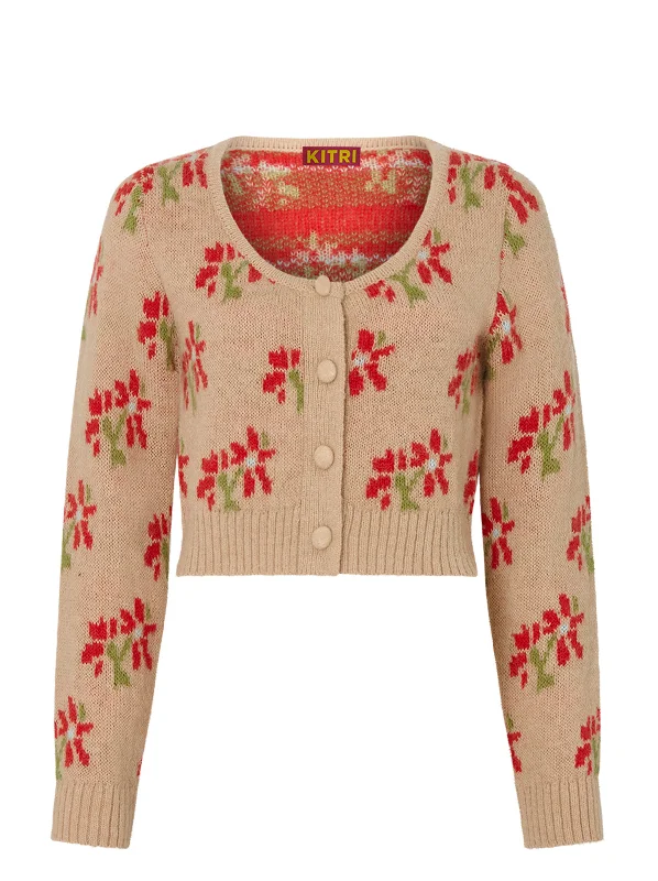 Lila Camel Floral Cropped Knit Cardigan