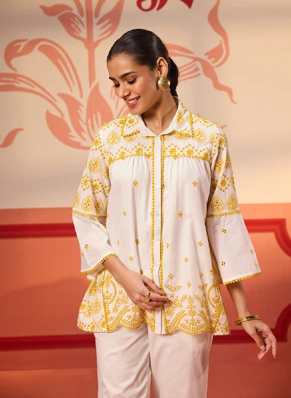 Masakali Ivory with Yellow Embroidered Schiffli Shirt for Women