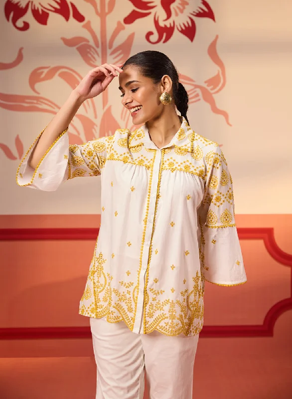 Masakali Ivory with Yellow Embroidered Schiffli Shirt for Women