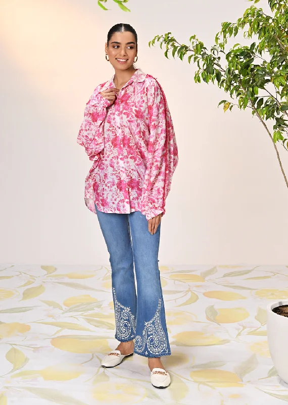 Noora Rouge Pink Printed Cotton Shirt for Women