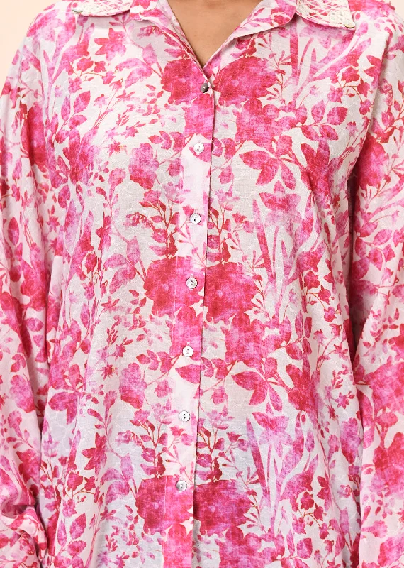 Noora Rouge Pink Printed Cotton Shirt for Women