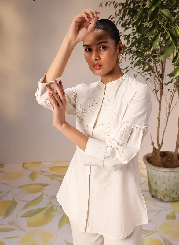 Nudrat Ivory Embroidered Cotton Long Shirt for Women