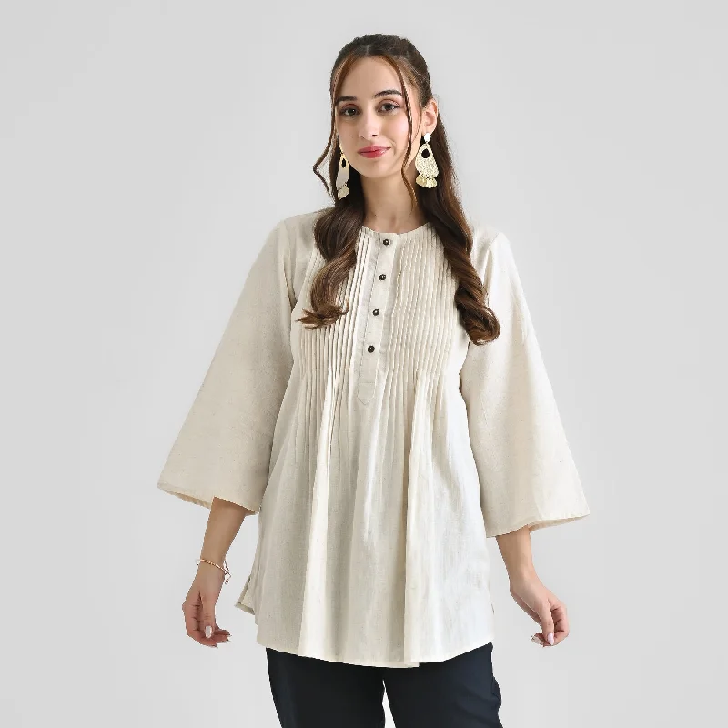 Off White Linen Cotton Tunic with Pintuck Detail