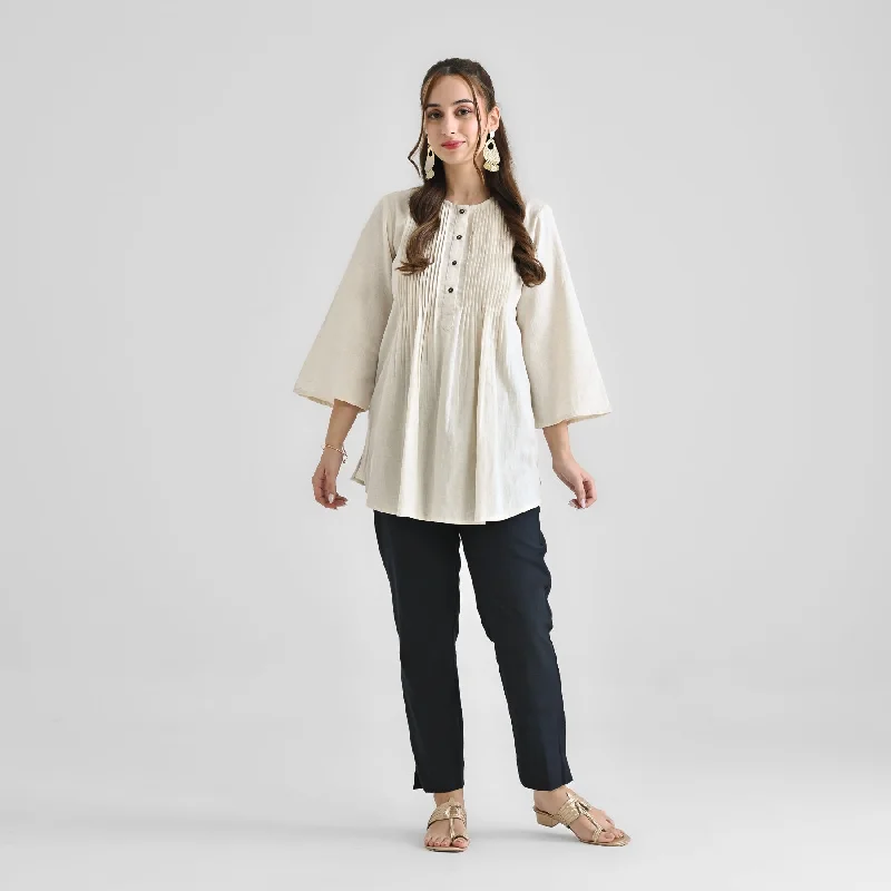 Off White Linen Cotton Tunic with Pintuck Detail