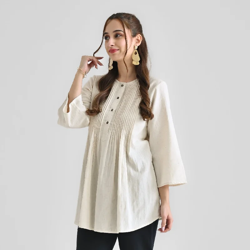 Off White Linen Cotton Tunic with Pintuck Detail