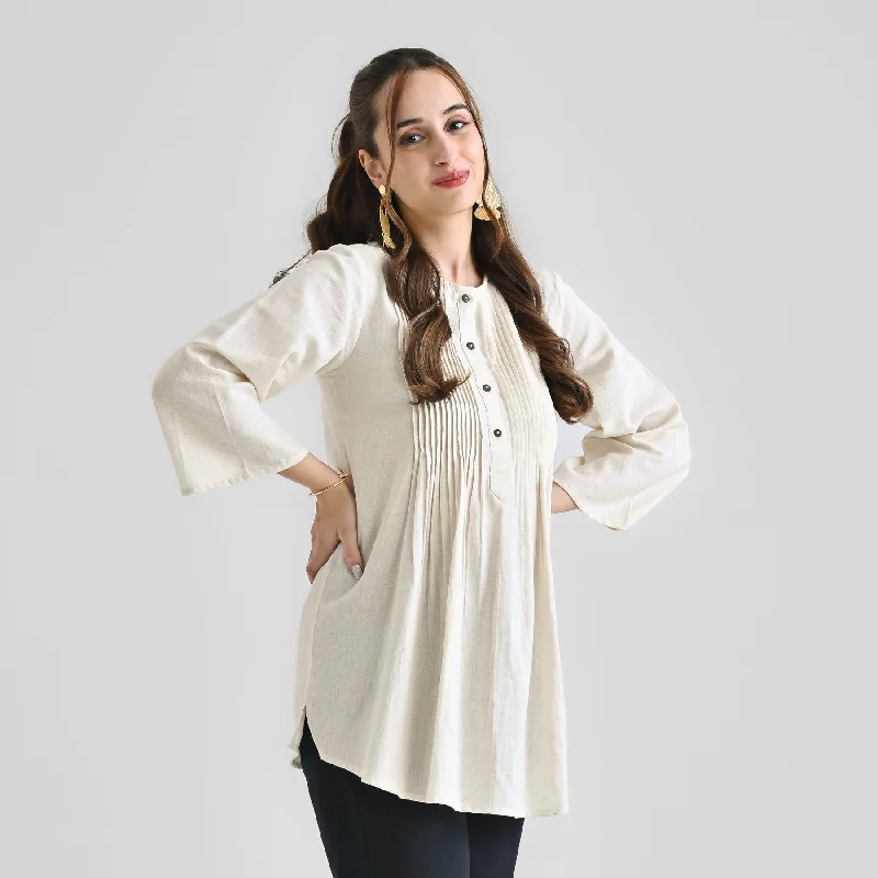 Off White Linen Cotton Tunic with Pintuck Detail