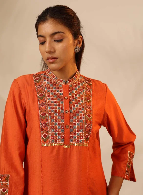 Orange Collared Tunic with Intricate Embroidery and Bell Sleeves