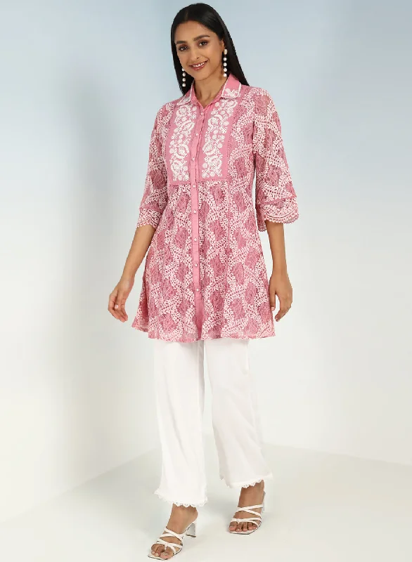 Peach Lace Collared Tunic for Women