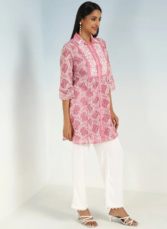 Peach Lace Collared Tunic for Women