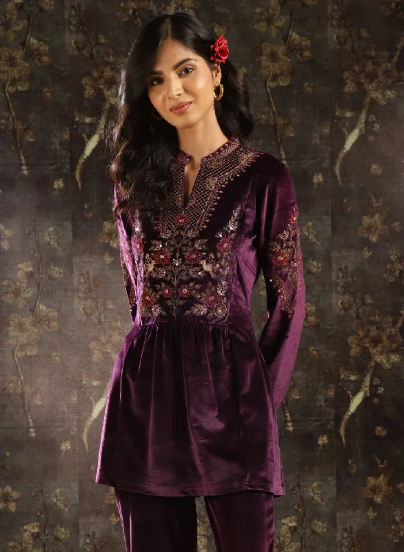 Purple Embroidered Velvet Tunic for Women