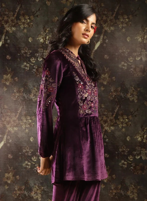 Purple Embroidered Velvet Tunic for Women