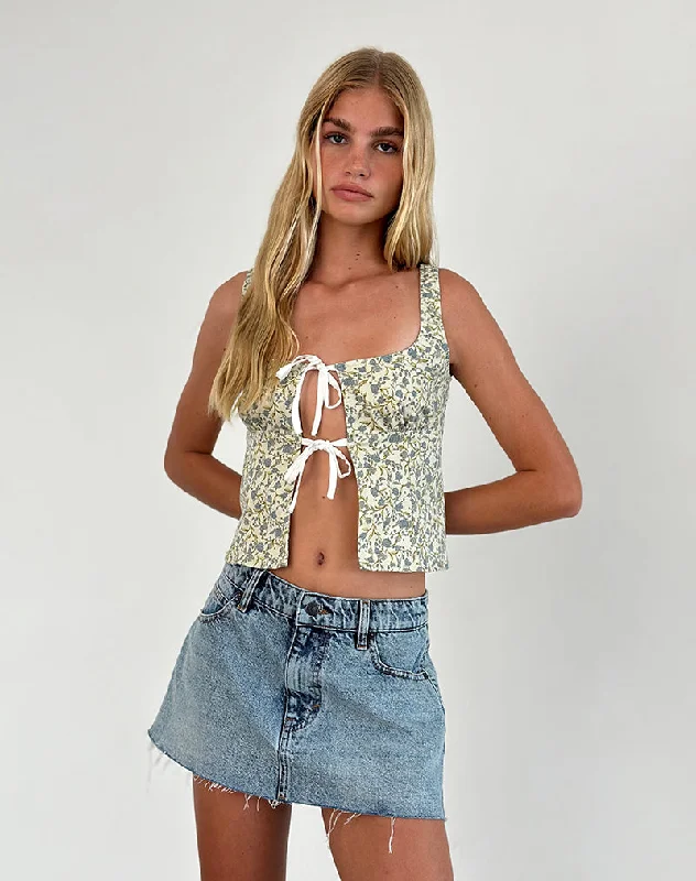 Sauva Tie Front Top in Pretty Floral Light Sage