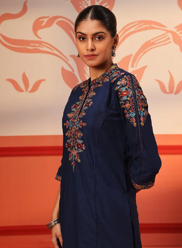 Shyla Navy Blue Embroidered Cotton Linen Tunic Set for Women