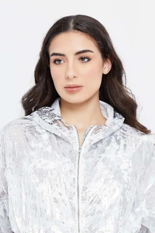 Women Silver Foil Zip Through Sweatshirt