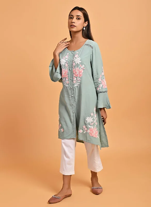 Spa Blue Patchwork Embroidered Tunic with Asymmetrical Hemline