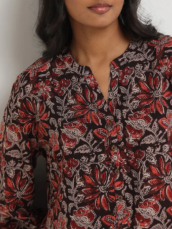 Utsa Brown Floral Printed Cotton Tunic