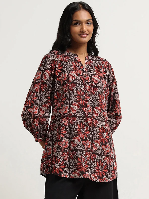 Utsa Brown Floral Printed Cotton Tunic