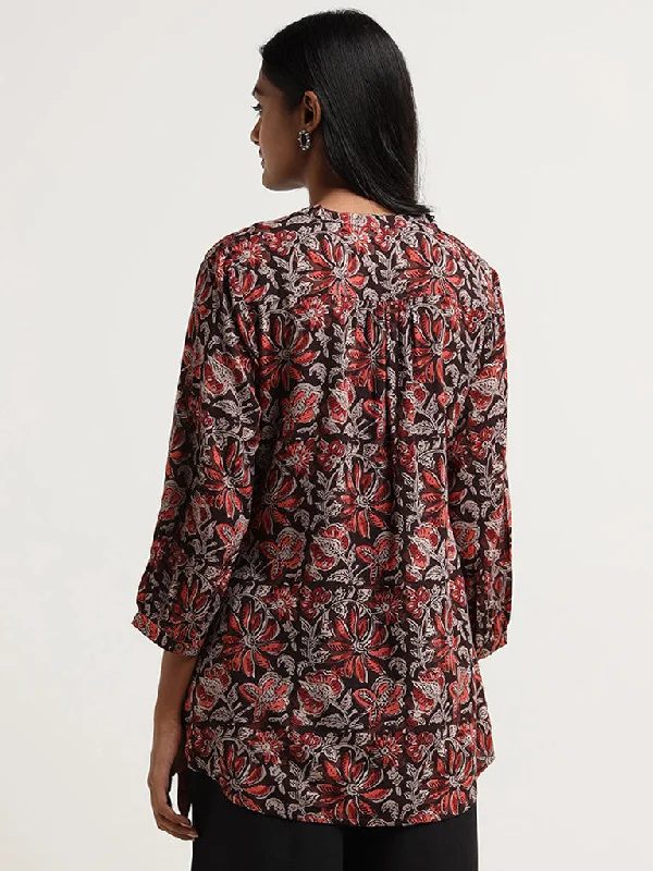 Utsa Brown Floral Printed Cotton Tunic