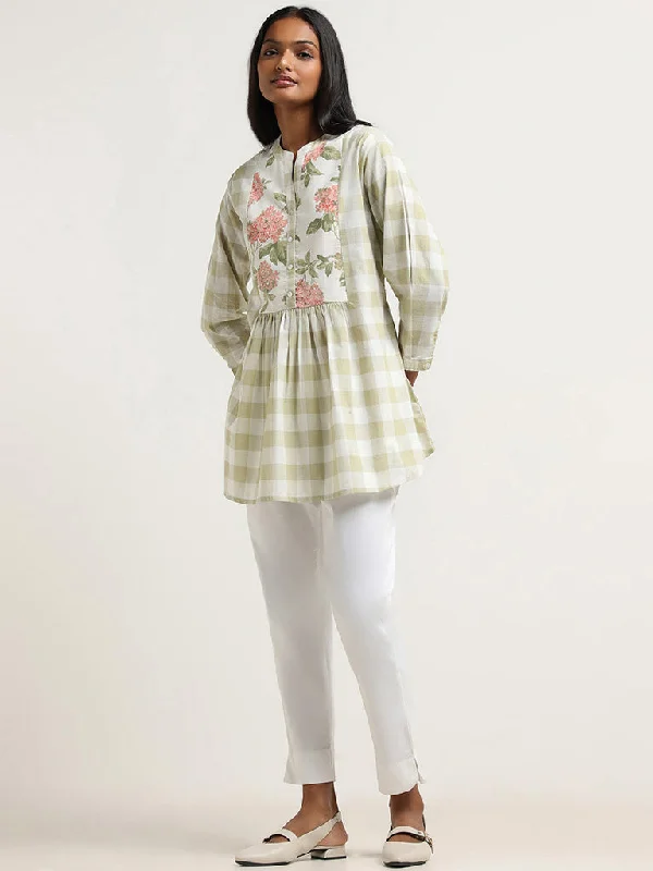 Utsa Green Floral Printed Checked Cotton Tunic