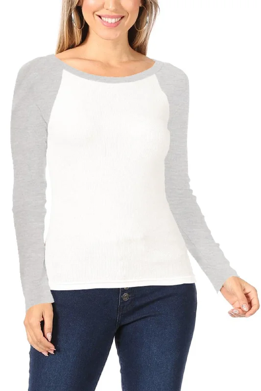 Women's Casual Ribbed Long Sleeve Round Neck Raglan T-Shirt