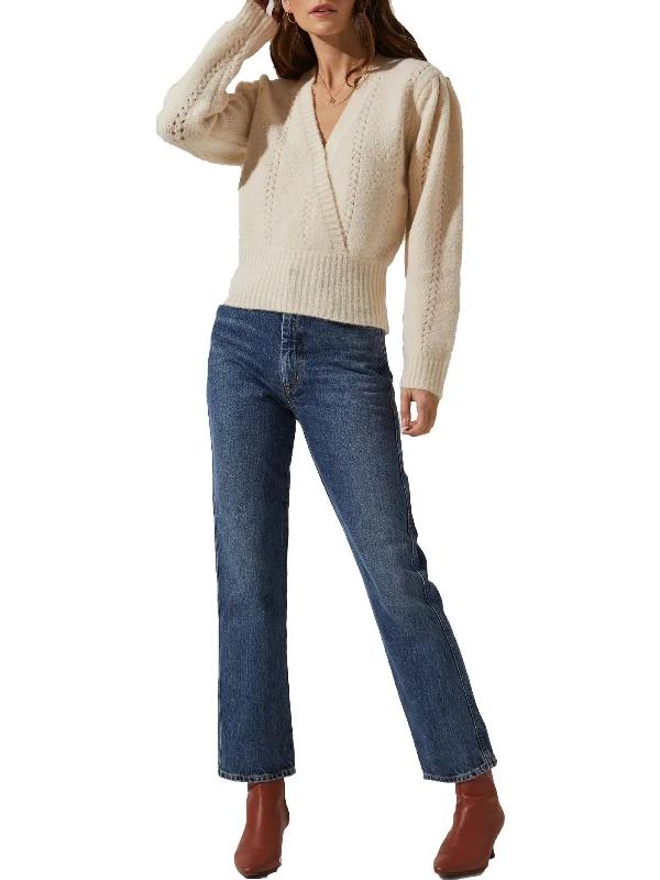 Womens Pointelle Knit V-Neck Sweater