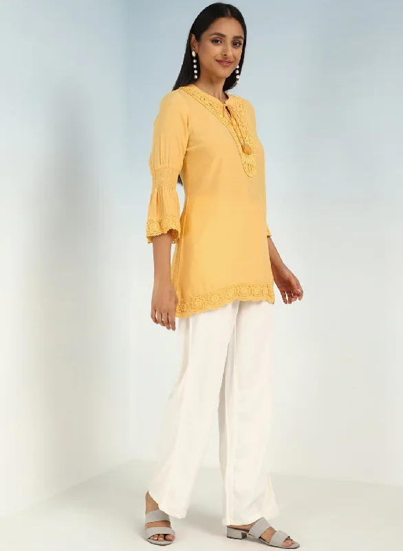 Yellow Solid Tunic with Keyhole Neck and Bell Sleeves