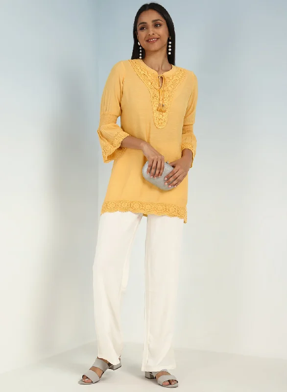 Yellow Solid Tunic with Keyhole Neck and Bell Sleeves