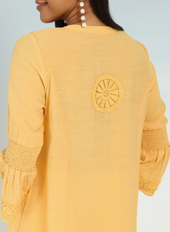 Yellow Solid Tunic with Keyhole Neck and Bell Sleeves