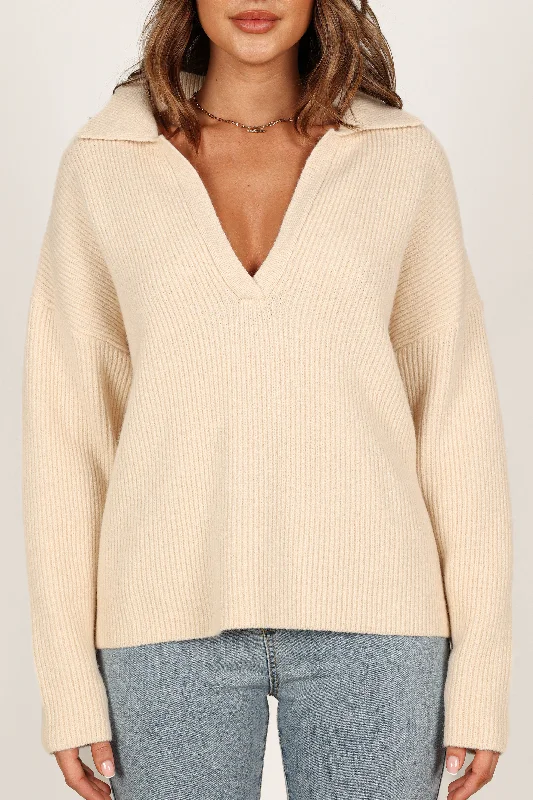 Zala Vneck Collar Knit Sweater - Beige