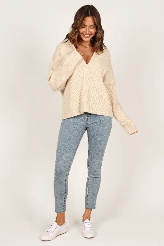 Zala Vneck Collar Knit Sweater - Beige