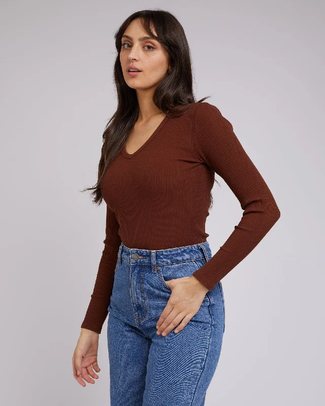 All About Eve Rib V Neck L/S Top Brown