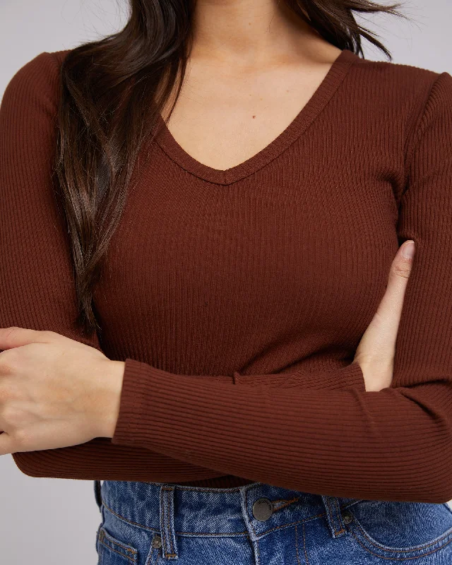 All About Eve Rib V Neck L/S Top Brown